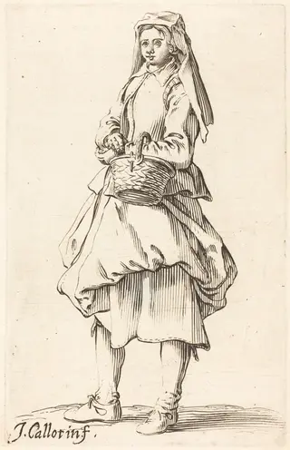 Peasant Woman with Basket, Facing Left, by Israel Henriet, ink, 1626