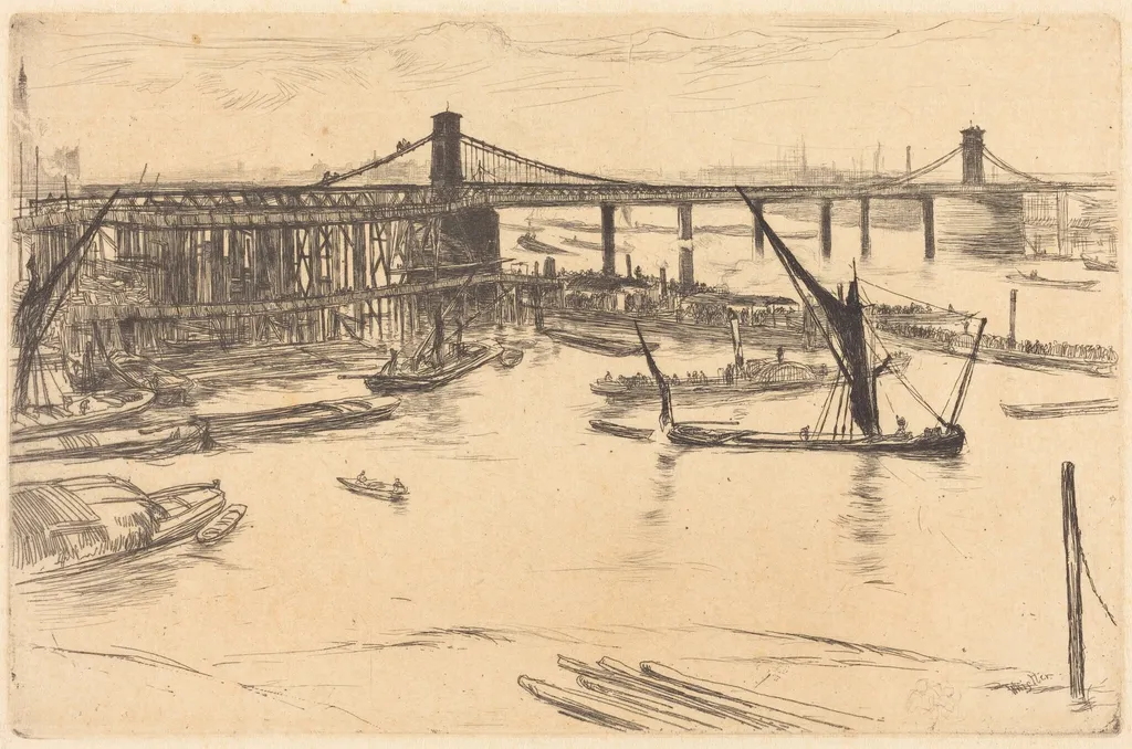 Old Hungerford Bridge, by James McNeill Whistler, ink, 1861