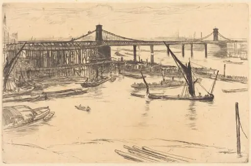 Old Hungerford Bridge, by James McNeill Whistler, ink, 1861
