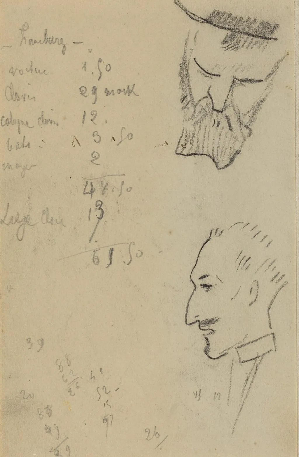 A Bearded Man and a Man in Profile [verso], by Paul Gauguin, graphite, 1886