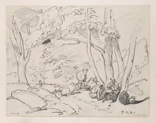 A wooded landscape with Indian figures and cattle, by George Chinnery, 16