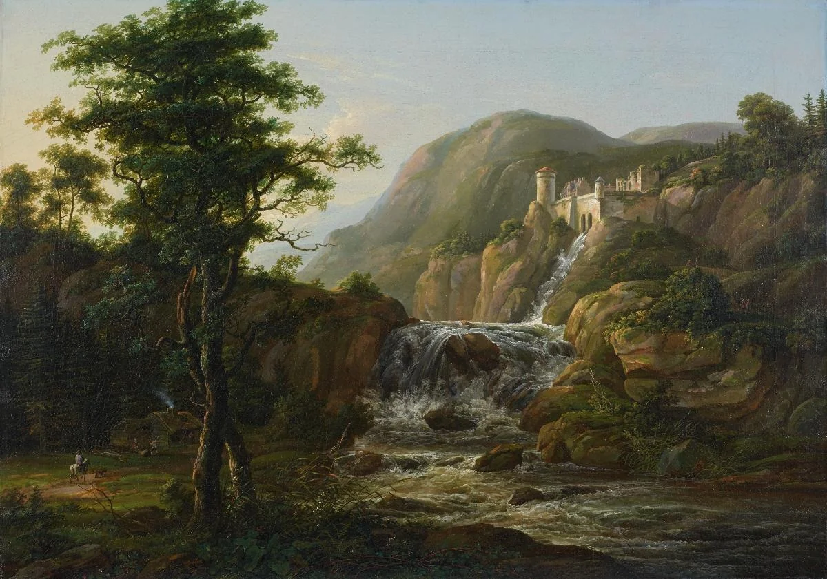 Gebirgslandschaft mit Burganlage, detail