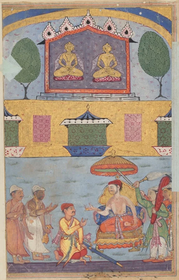The goldsmith and the carpenter inform the king of a dream in which the golden images plan to desert the city for lack of worshippers, from a Tuti-nama (Tales of a Parrot): Third Night, detail