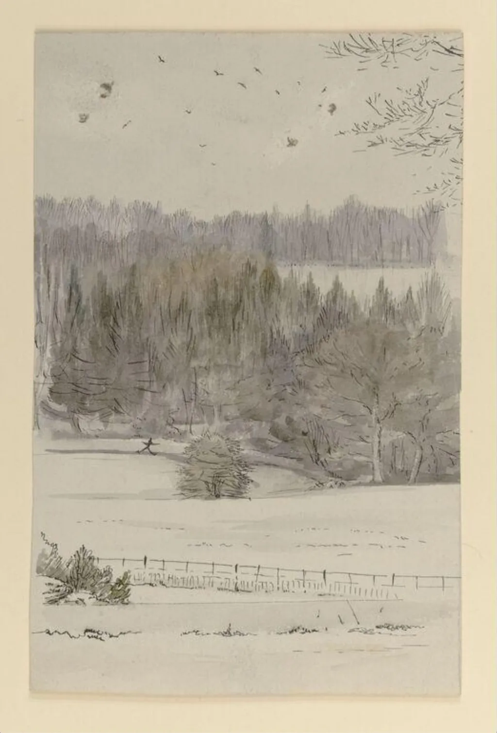 Snow scene looking across a tarn to fields and a wooded hillside, by Beatrix Potter, watercolor, 1850