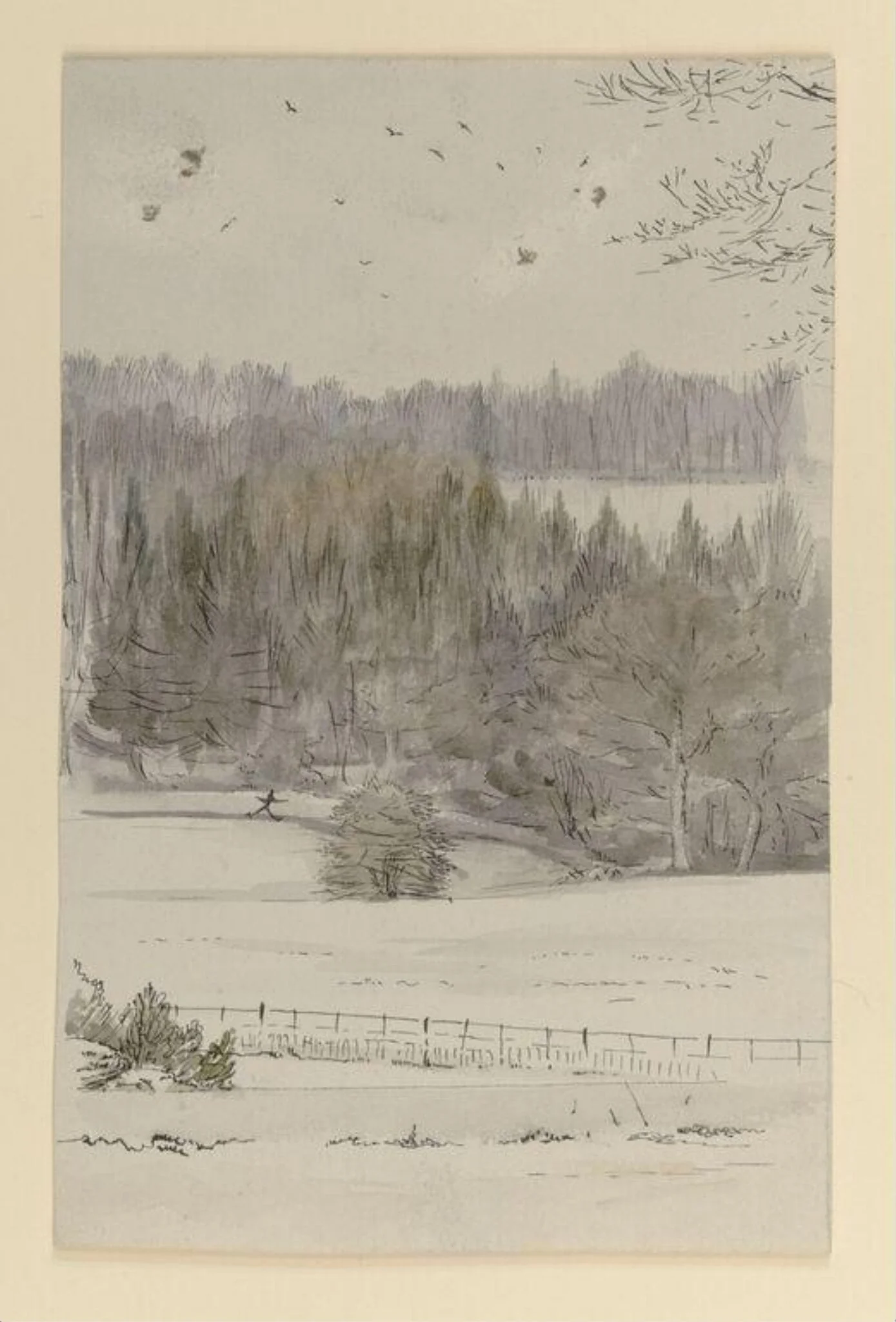 Snow scene looking across a tarn to fields and a wooded hillside, detail