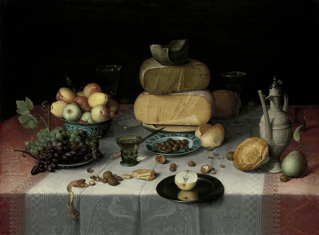 Still Life with Cheese, by Floris van Dyck, oil, 1615