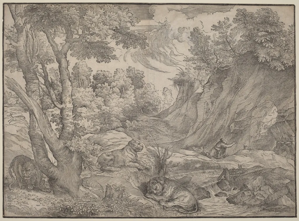 Saint Jerome in the Wilderness, by Nicolò Boldrini, ink, 1530