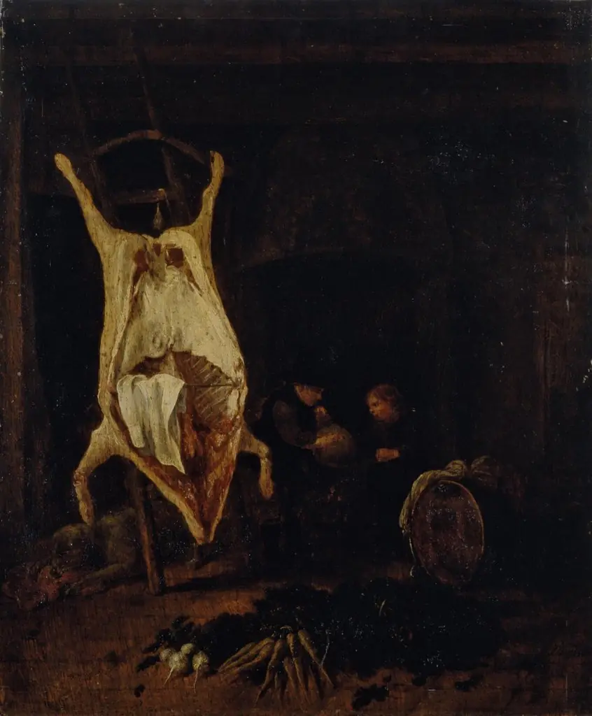 Carcass in a Kitchen, by Jacob Leyssens, oil, 1696