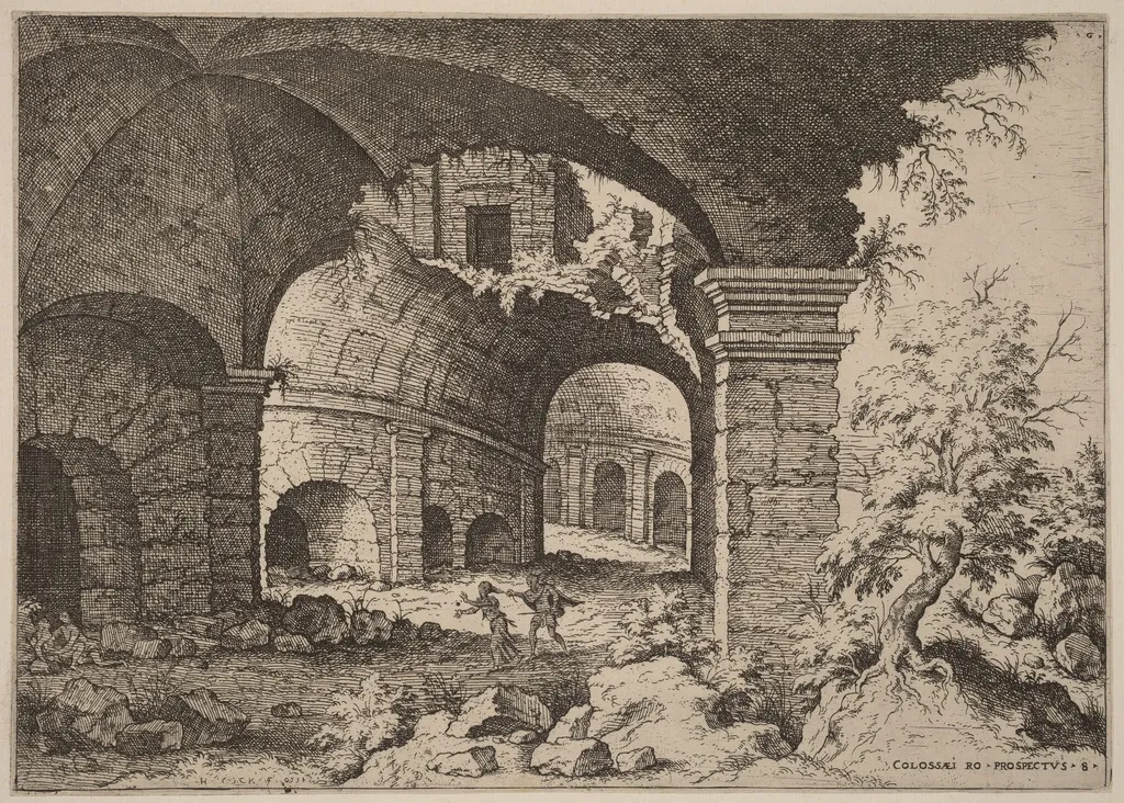 Eighth View of the Colosseum, by Hieronymus Cock, ink, 1550
