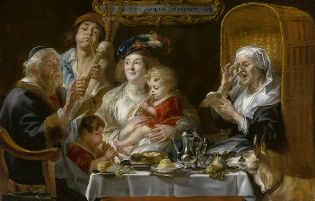 As the Old Sing, So Pipe the Young, by Jacob Jordaens, oil, 1638