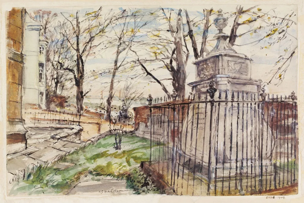 Hogarth's Tomb and Chiswick Reach, by Archibald Standish Hartrick, watercolor, 1940