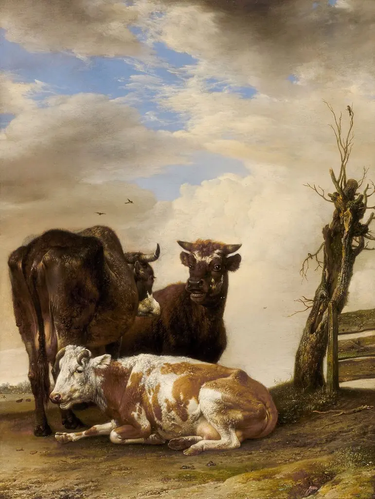 Two Cows and a Young Bull beside a Fence in a Meadow, by Paulus Potter, oil, 1647
