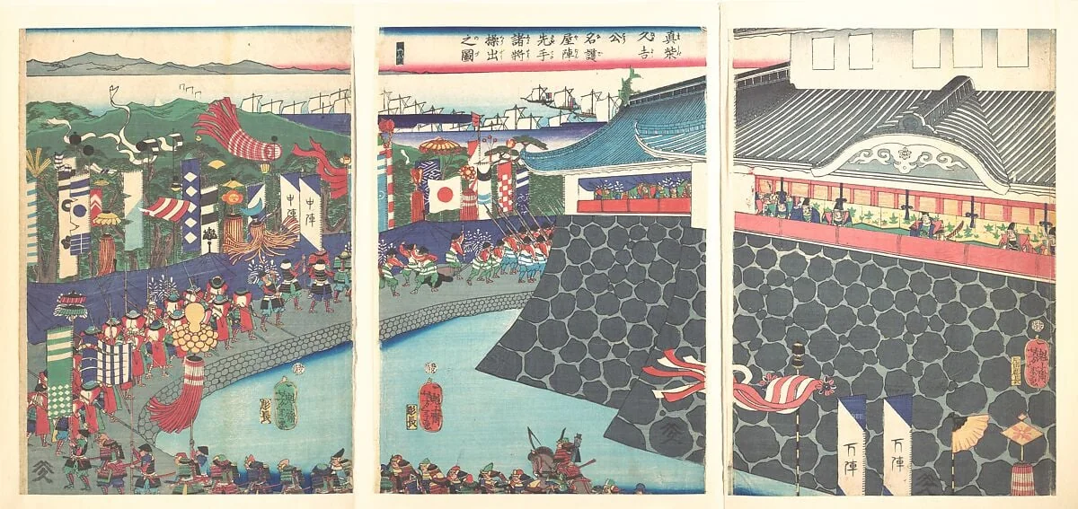 真柴秀吉公名護屋陣先手諸将繰出之図|Hideyoshi and His Troops Leaving Nagoya Camp (Mashiba Hideyoshi kō nagoya jin saki te no shoshō kuridashi no zu), detail