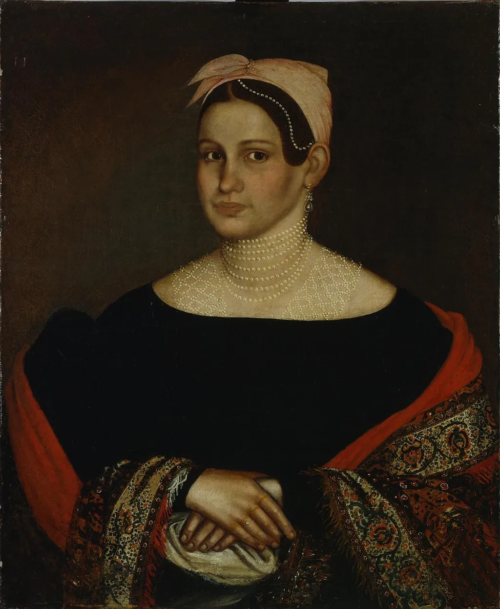 Portrait of a Merchant Wife in a Low-cut Black Dress with Puffed Sleeves, by Ivan Tarkhanov, oil, 1838