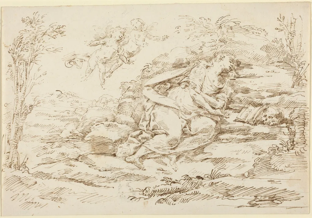 Penitent Magdalene with Angels in a Landscape [recto], by Donato Creti, ink, 1710