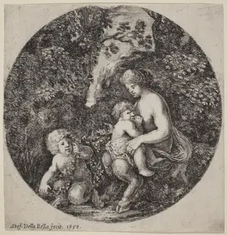 Female Satyr Nursing a Child in a Wooded Landscape, by Stefano Della Bella, ink, 1656
