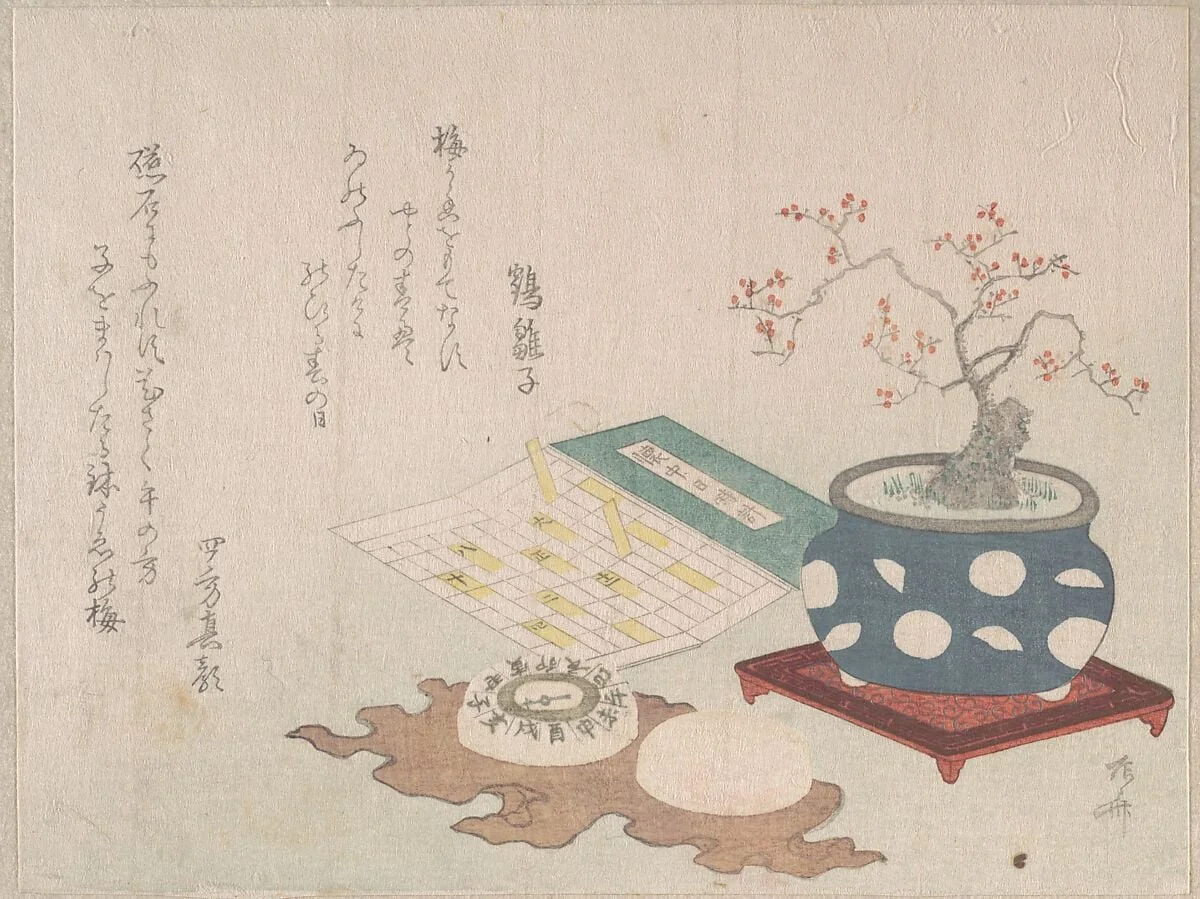 鉢梅、懐中日時計、羅針盤|Bonsai Plum, Compass, and Pocket Sundial with Design of Calendar, from Spring Rain Surimono Album (Harusame surimono-jō, vol. 3), detail