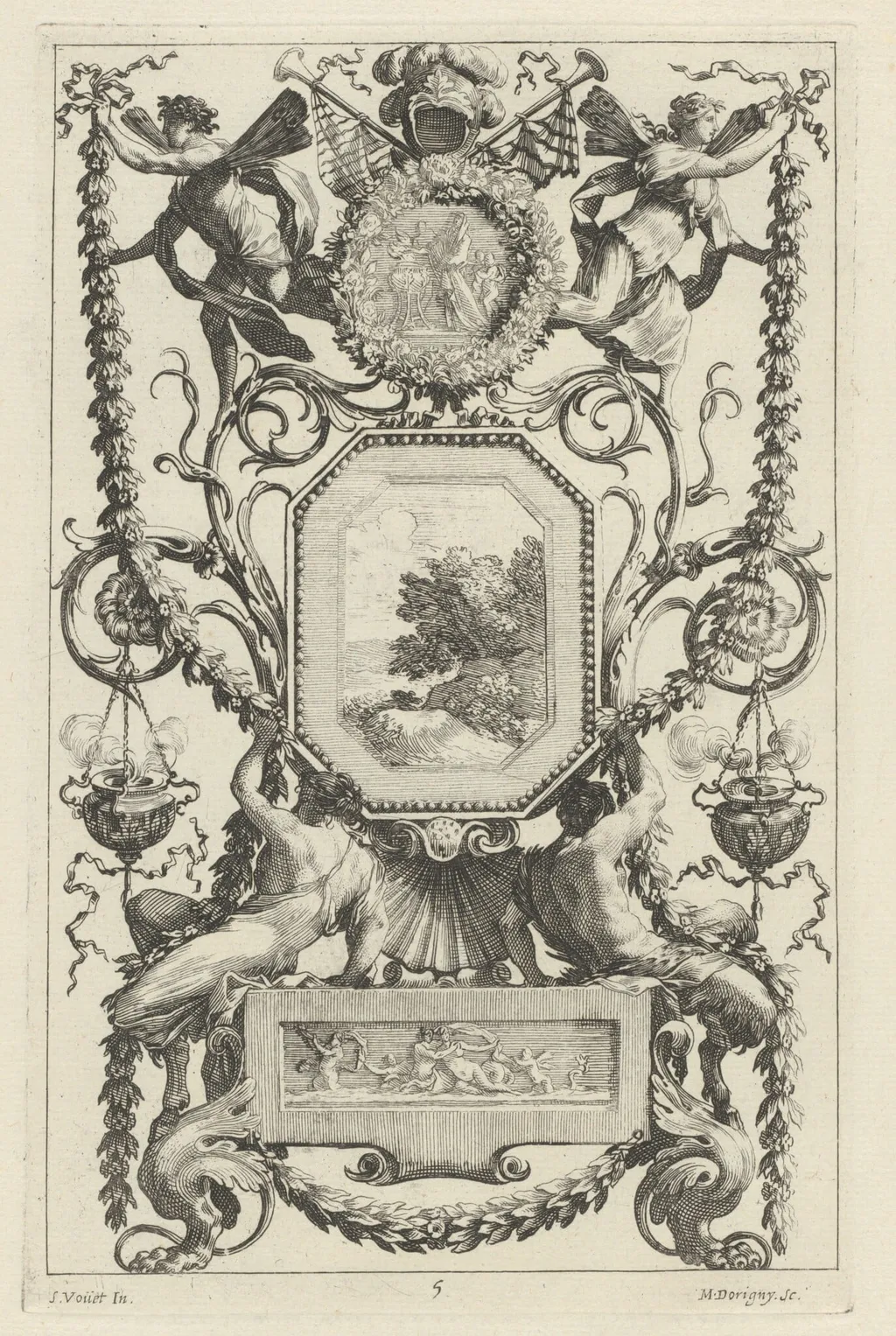 Ornamental Panel Surmounted by a Medallion with a Sacrifice, by Michel Dorigny, ink, 1647