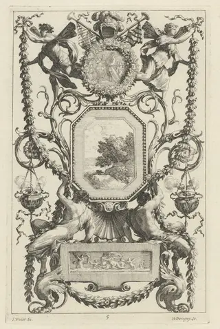 Ornamental Panel Surmounted by a Medallion with a Sacrifice, by Michel Dorigny, ink, 1647