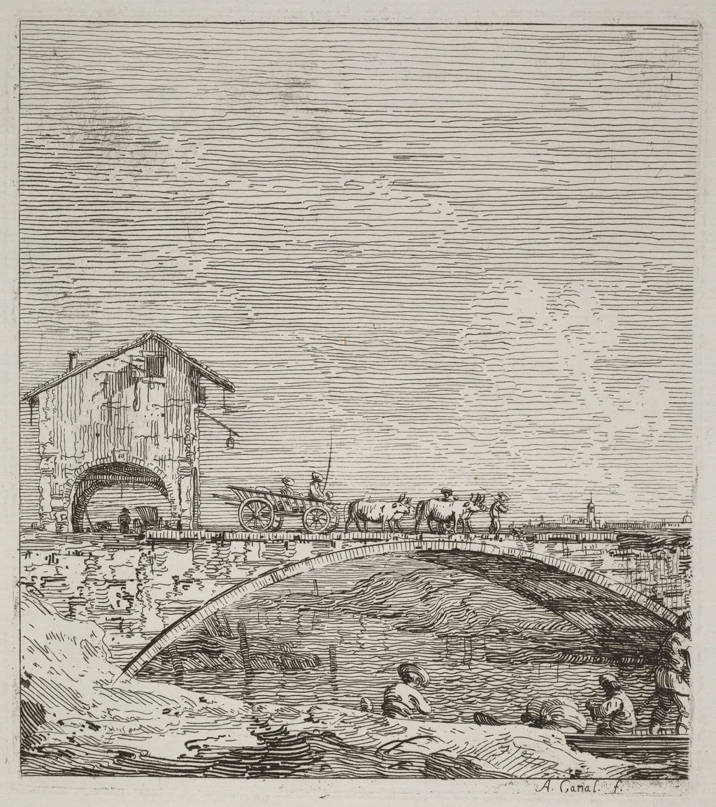 The Wagon Passing over a Bridge, by Canaletto, ink, 1740