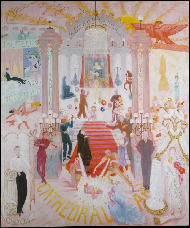 Florine Stettheimer, The Cathedrals of Art, a representational scene built as a flat, frontal pageant rather than a deep room.
