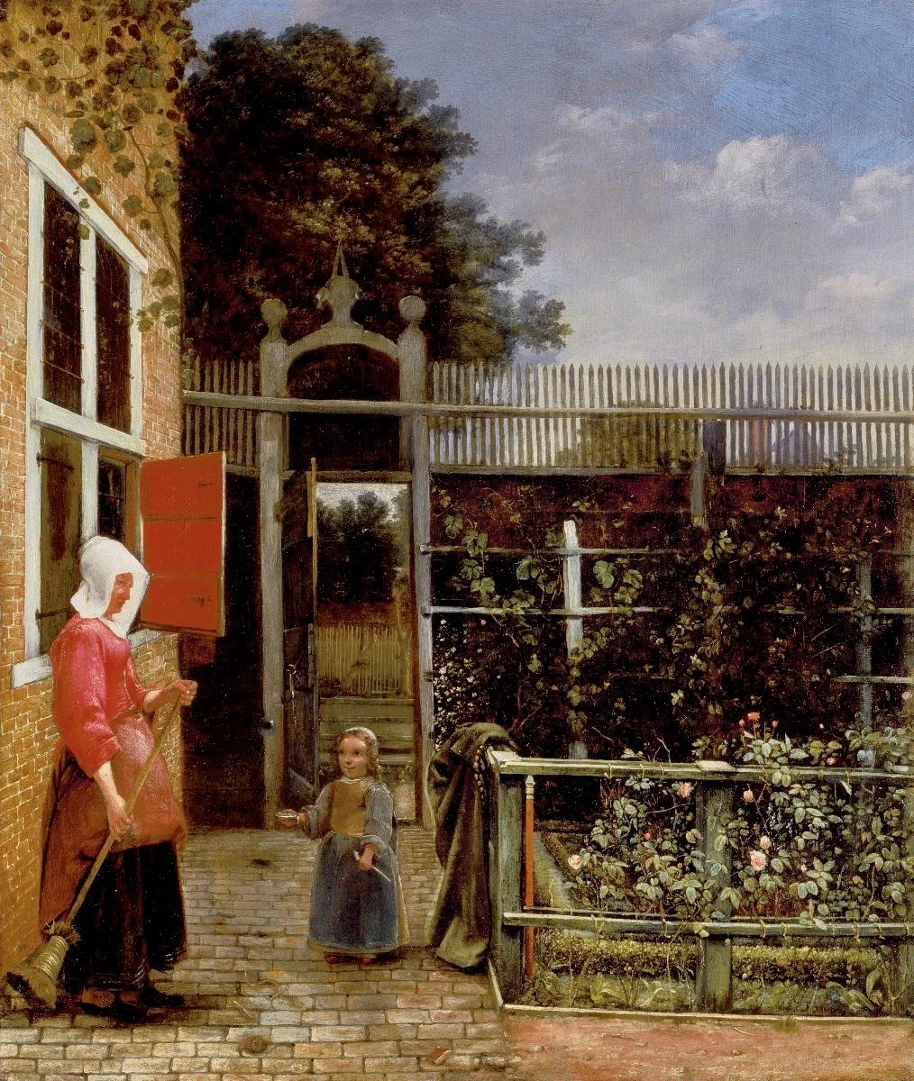 Gartenhof mit Frau und Kind, detail