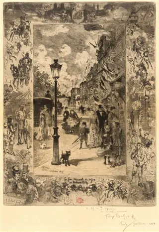 La Fête nationale au Boulevard Clichy (National Holiday on the Boulevard de Clichy), by Félix-Hilaire Buhot, ink, 1878