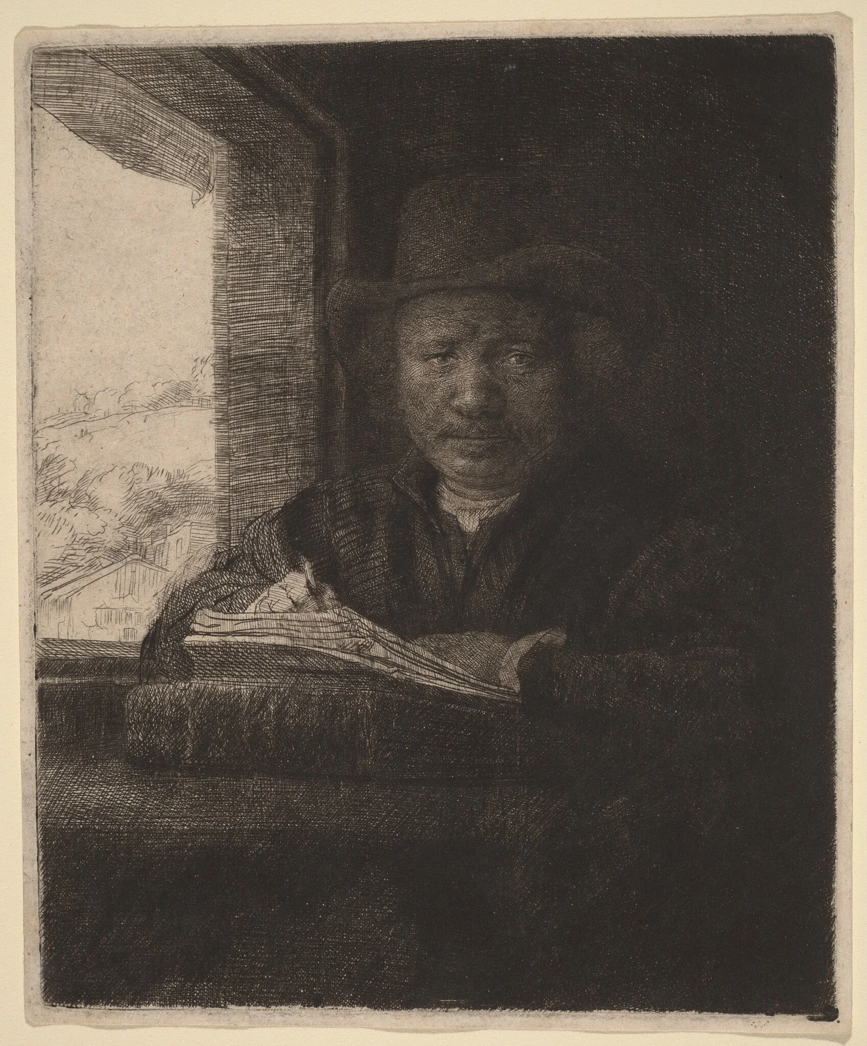 Self-Portrait Etching at a Window, detail