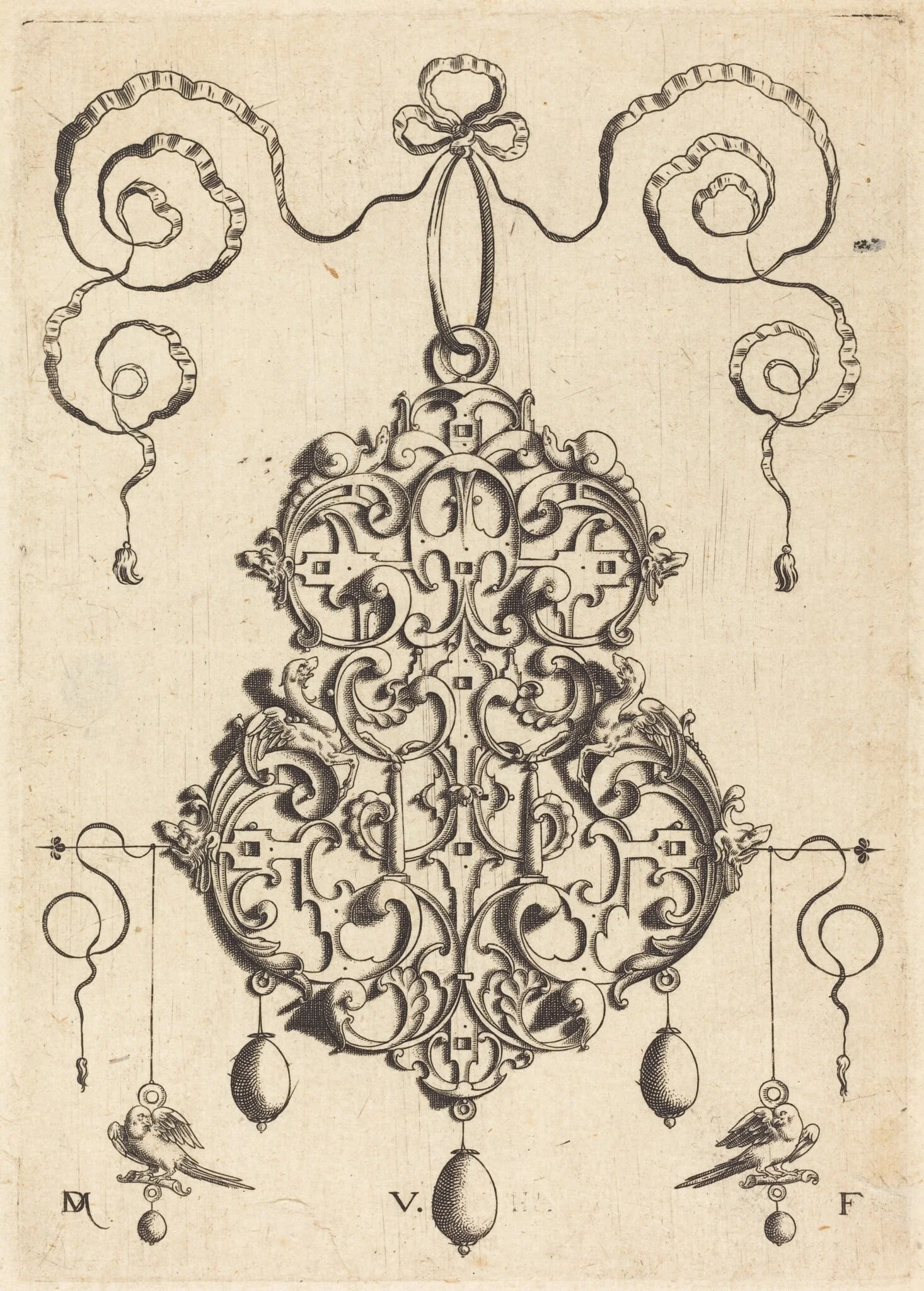Strapwork Pendant with Two Birds as Earrings at Left and Right, detail