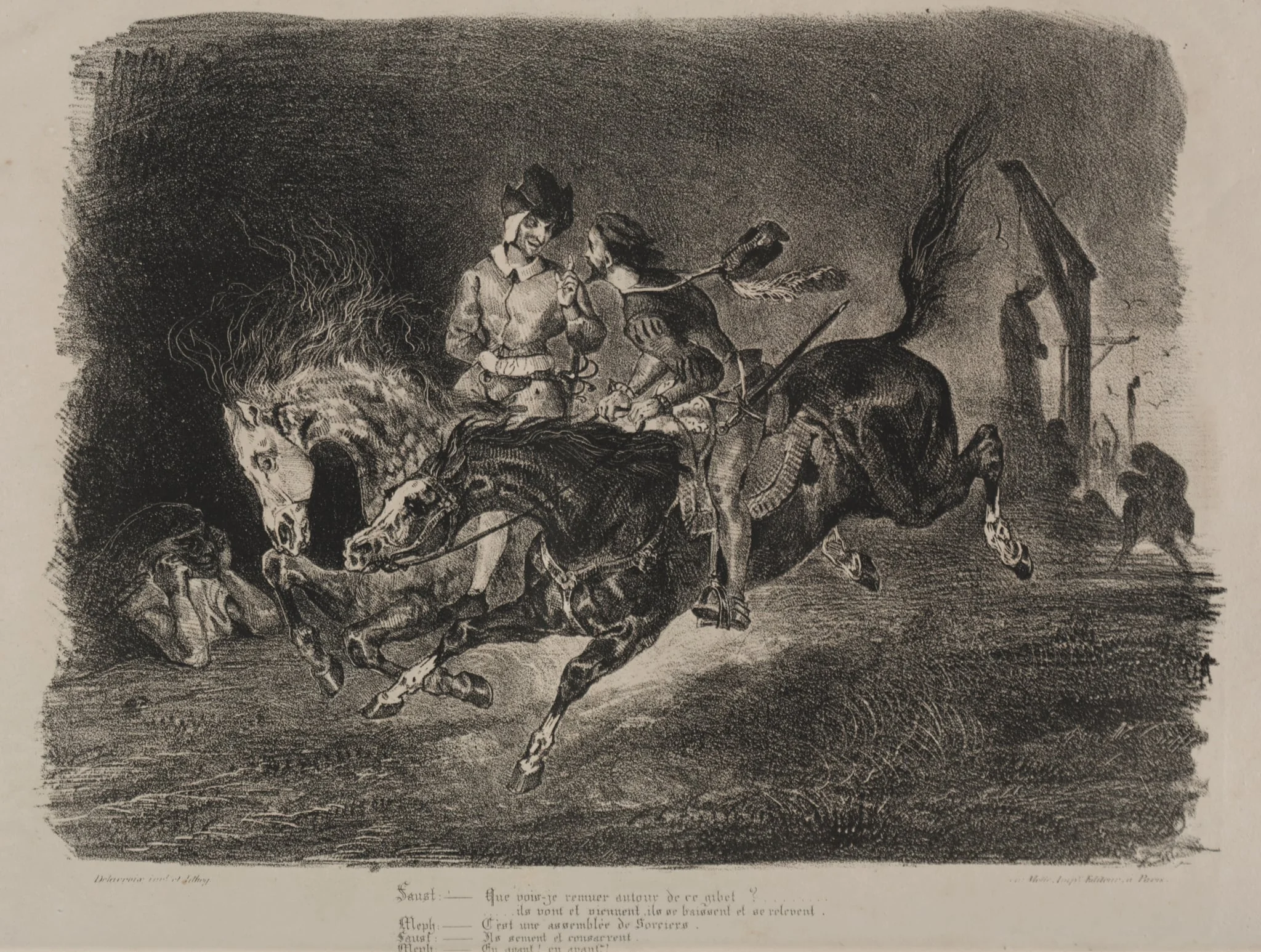 Illustrations for Faust: Faust and Méphistophélés horse riding on the Sabbath, detail