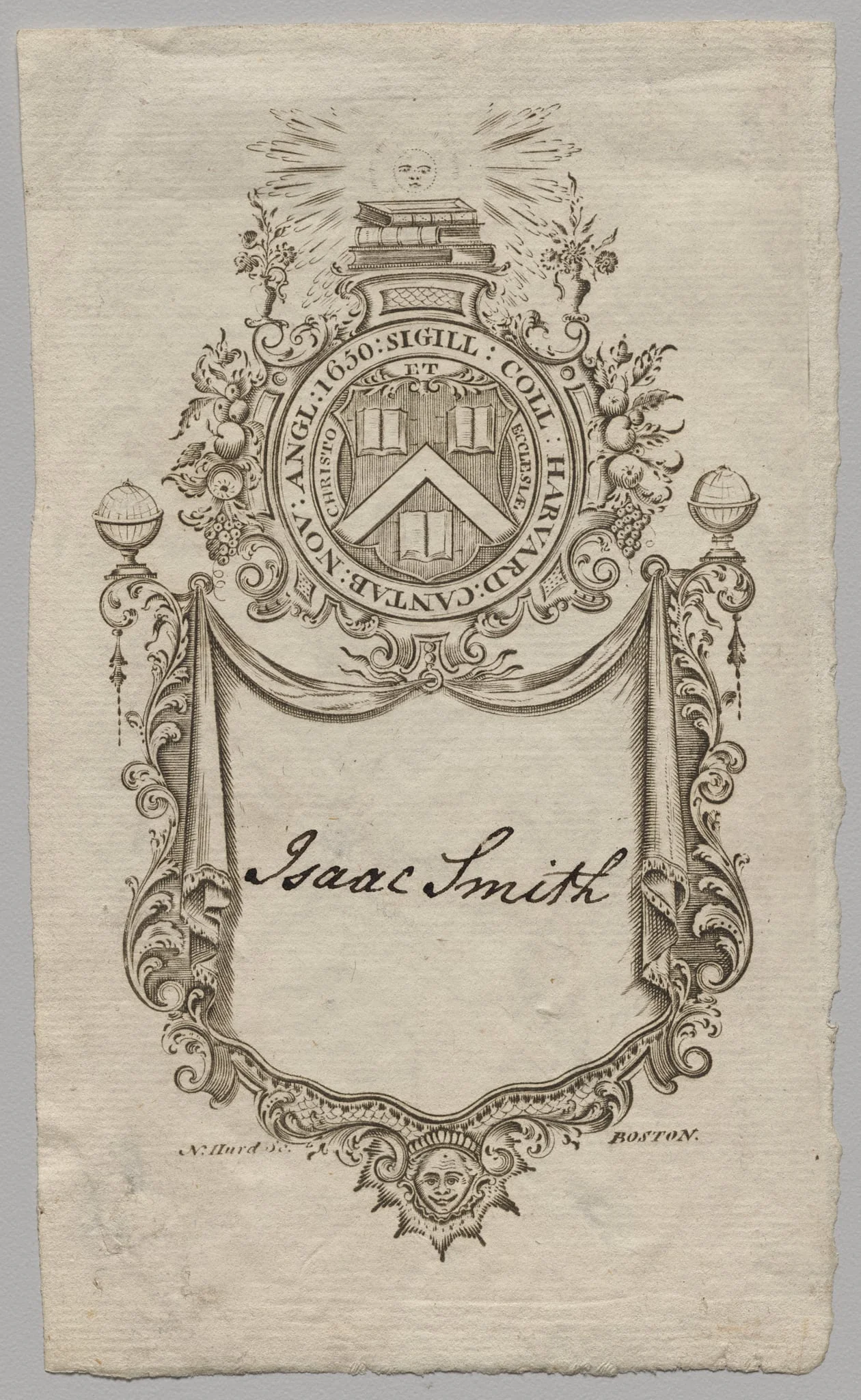 Bookplate: Coat of Arms with Isaac Smith inscribed, detail