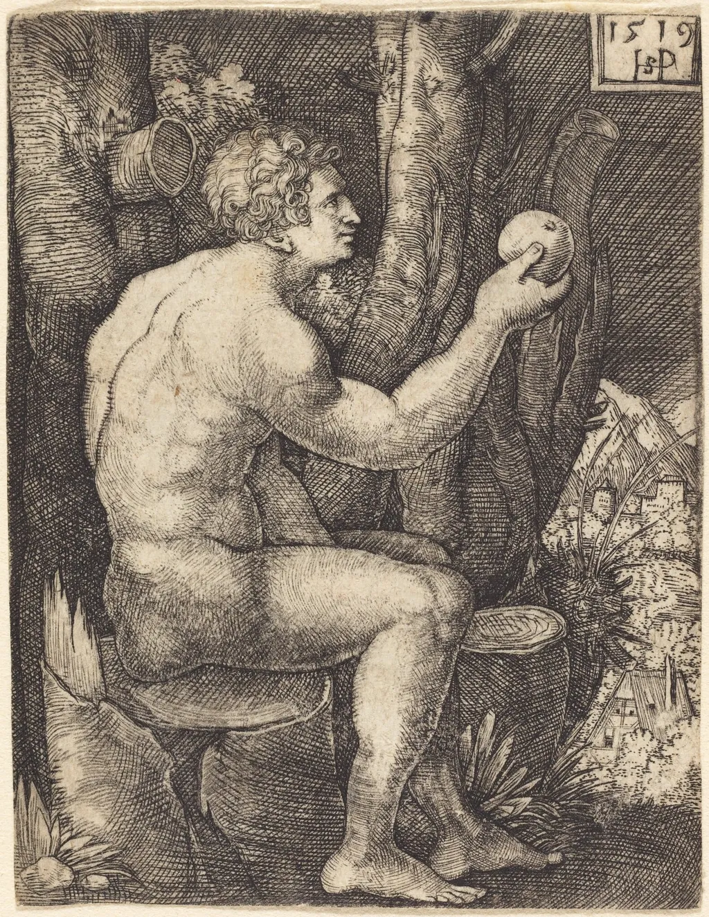 Adam Seated, by Sebald Beham, ink, 1519