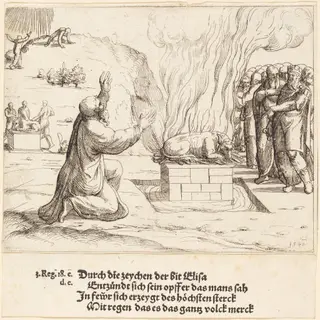 The Rival Sacrifices of Elijah and the Priests of Baal, by Augustin Hirschvogel, ink, 1548