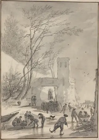 Skaters Outside a City Wall, by Hendrik van der Straaten, chalk, 1694