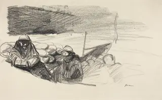 a) Two Soldiers in a Trench (recto); b) Interior with Figures Seated Behind Table (verso), by Jean-Louis Forain, ink, 1916
