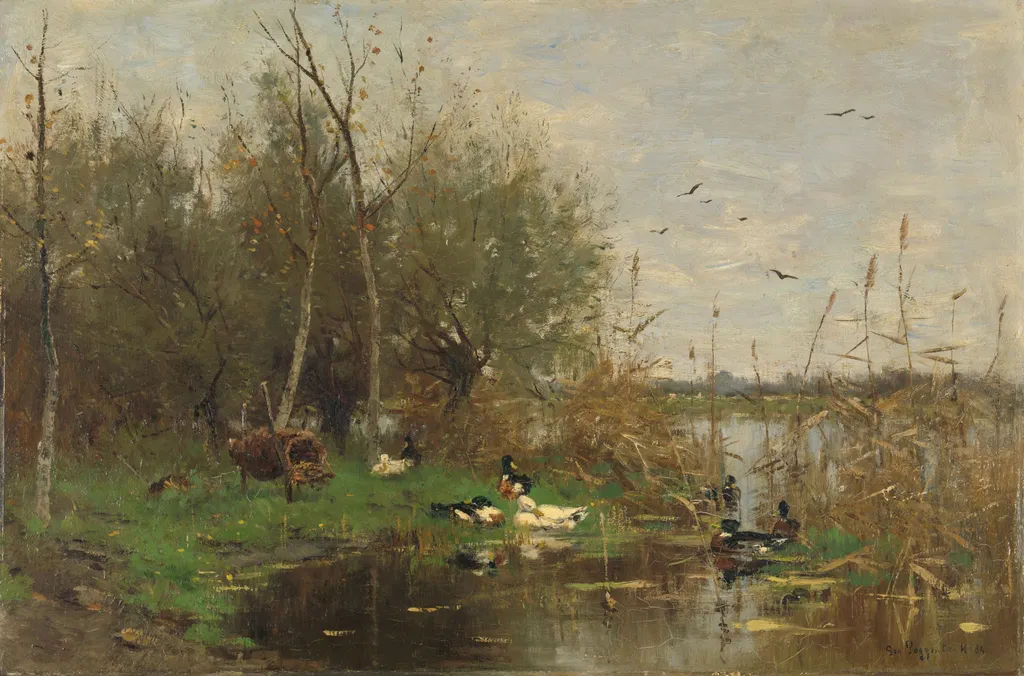 Ducks beside a duck shelter on a ditch, by Geo Poggenbeek, oil, 1892