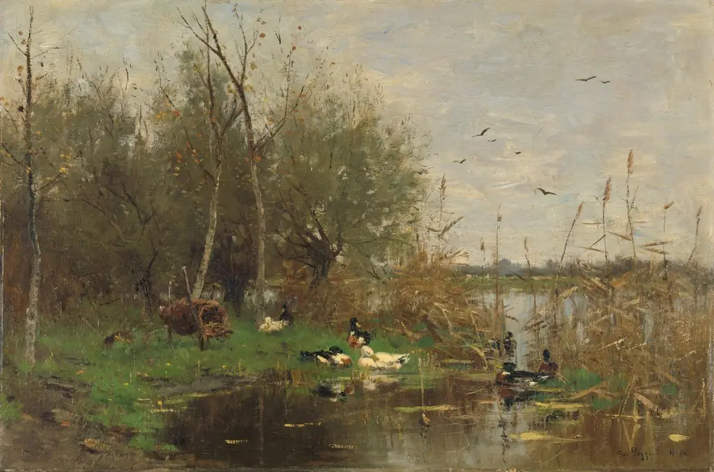 Ducks beside a duck shelter on a ditch, by Geo Poggenbeek, oil, 1892