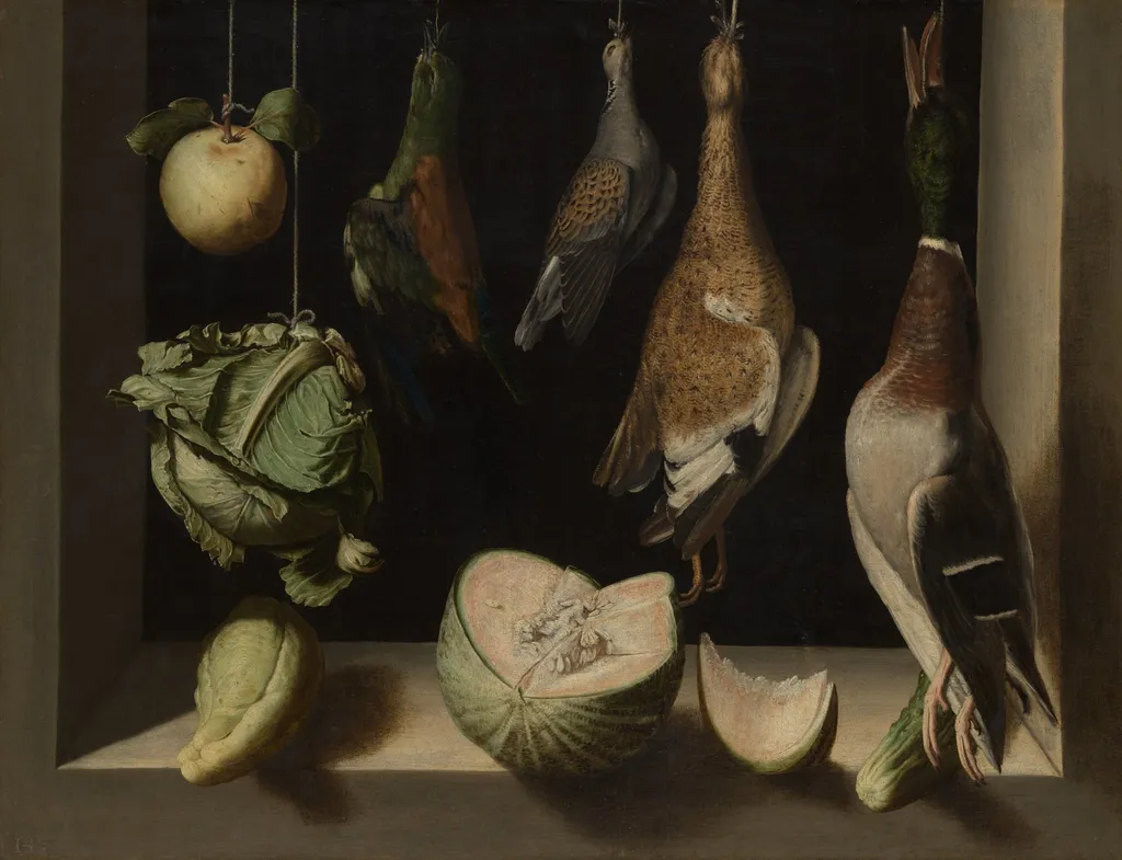 Still Life with Game Fowl, by Juan Sánchez Cotán, oil, 1602