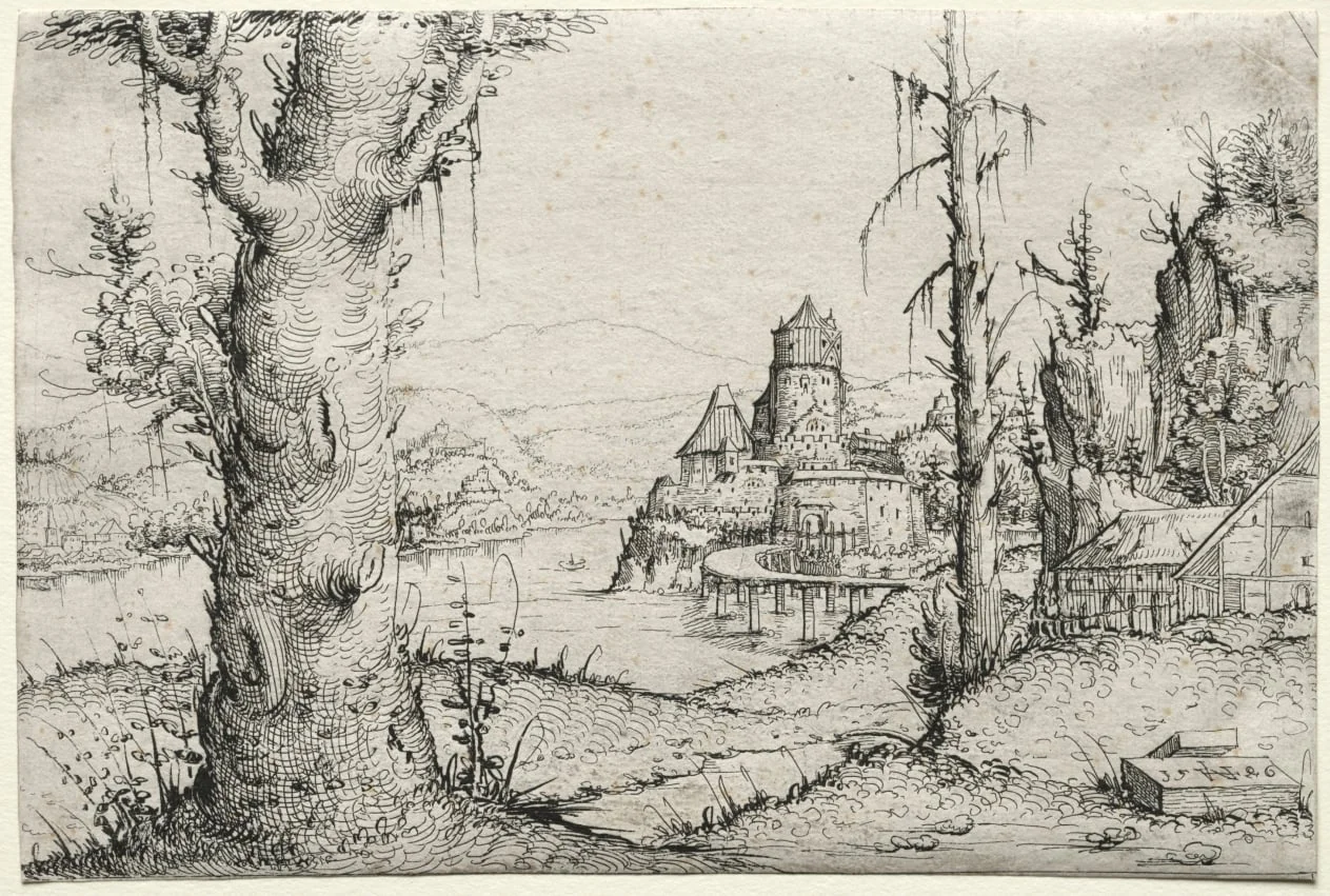 River Landscape with Large Tree at Left, detail