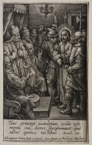 The Passion: Christ before Caiaphas, by Hieronymus Wierix, 1619