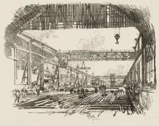 English War Work:  Steel Bars for Shells, by Joseph Pennell, 1916