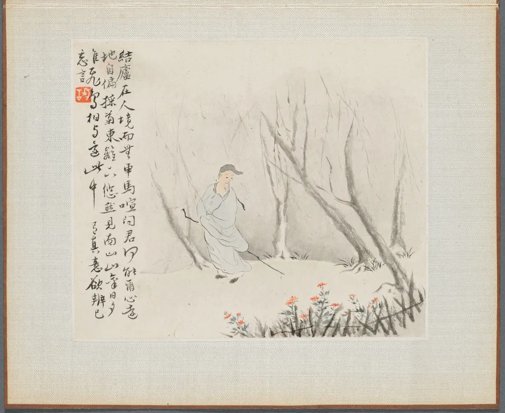 Album of Landscape Paintings Illustrating Old Poems:  Man with a Staff Admires Chrysanthemums at a Fence, by Hua Yan, unspecified, 1745