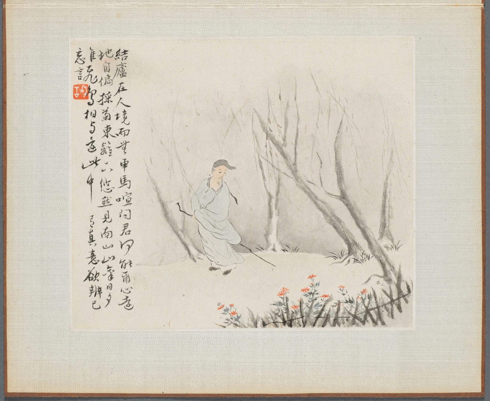 Album of Landscape Paintings Illustrating Old Poems: Man with a Staff Admires Chrysanthemums at a Fence, detail
