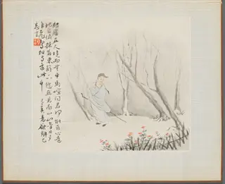 Album of Landscape Paintings Illustrating Old Poems:  Man with a Staff Admires Chrysanthemums at a Fence, by Hua Yan, unspecified, 1745