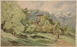 The Castle of Bürglen with the Alps Beyond, by Carl Wagner, chalk, 1862