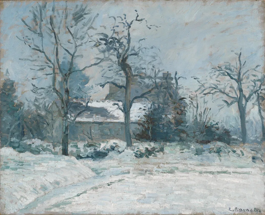 La Maison de la Piette, Montfoucault, effet de neige, by Camille Pissarro, oil, 1874