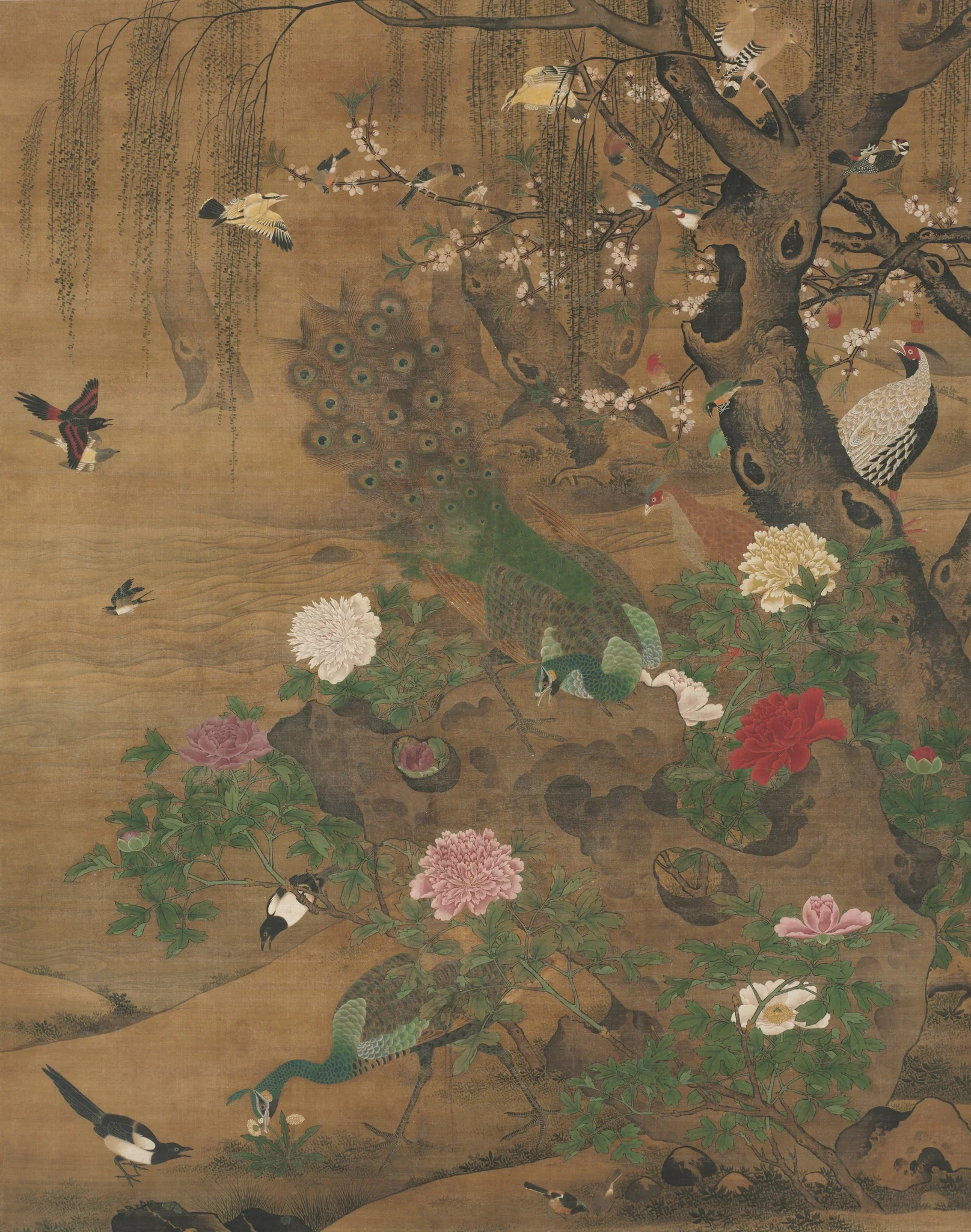 Birds Gather under the Spring Willow, detail