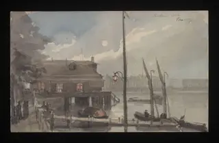 Watercolour drawing by the Grieve family, probably by Thomas Grieve, showing a pavillion beside a river, by Thomas Grieve, 1850