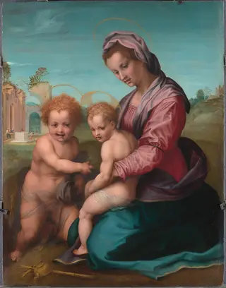 Madonna and Child with John the Baptist, by Franciabigio, wood, 1518