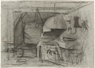 Interior of a Forge (recto) / Yard with a Pigsty (verso), by Adolphe Appian, charcoal, 1864
